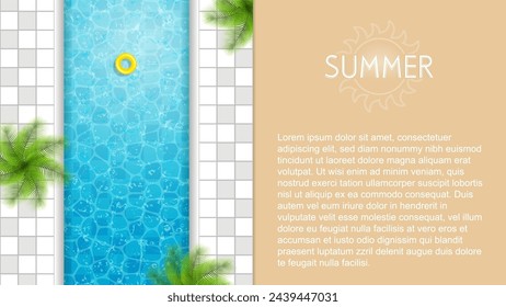 Swimming pool top view with float ring and palm trees, vector illustration.Summer concept design