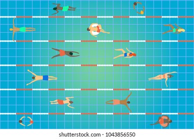 Swimming pool top view. Group of people of different age, gender and nationalities swimming in sport center.  Summer water activities.  Template for cards, covers, textile design.