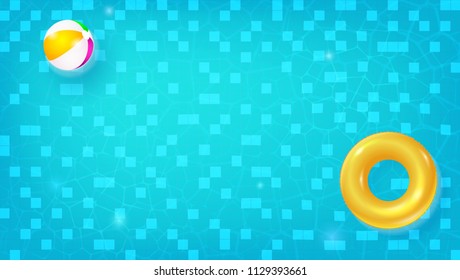 Swimming Pool, Top View. Horizontal Pool With Swimming Ring, Beach Ball Floating In Blue Water. Summer Concert For Travel Events. Waves Flowing With Ripple. Vector Background For Cover, Poster, Banner