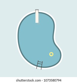 Swimming pool top view with inflatable ring preserver. 80s style vintage graphic design. Eps10 vector illustration.