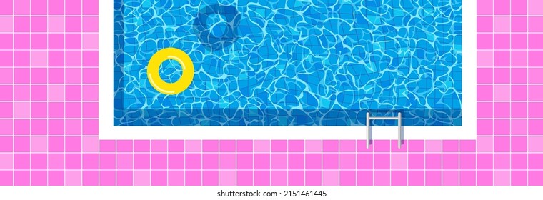 swimming pool top view  inflatable  ring pink tiles summer vacation horizontal background  vector illustration