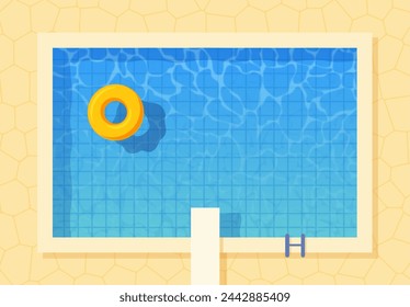 Swimmingpool-Draufsicht mit aufblasbarem Ring und Sprungbrett. Postervorlage für Sommerferien. Hallo Sommer Webbanner. Vektor-Illustration im flachen Stil