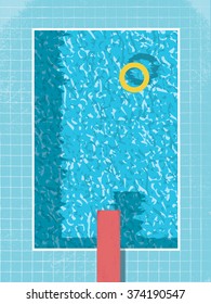 Swimming pool top view with inflatable ring preserver and red jump. 80s style vintage graphic design with grunge background. Eps10 vector illustration.