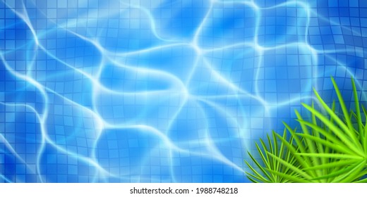 Swimming pool top view with mosaic tiles and palm leaves. Water surface in light blue colors with sunlight glares and caustic ripples. Summer holiday background.