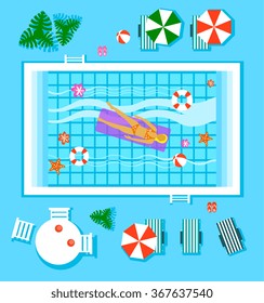 Swimming Pool in Top View with Outdoor Element. Vector Illustration Set