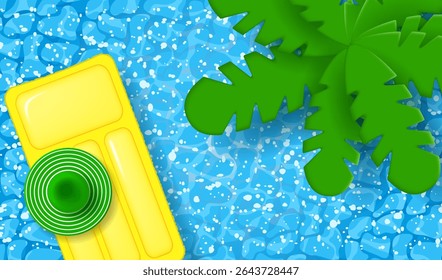 Swimming pool, top view. Palm tree and inflatable float mattress on blue water. Vector illustration
