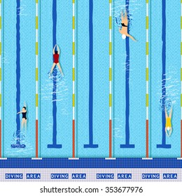 Swimming pool top view with several athlete silhouettes vector illustration