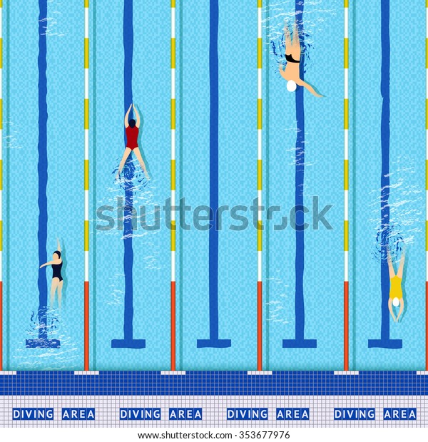 Swimming pool top view with several athlete\
silhouettes vector\
illustration