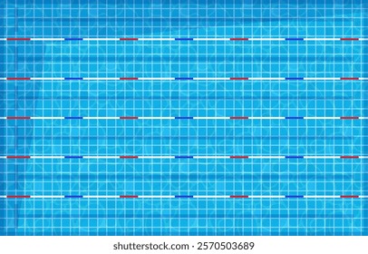 Swimming pool top view. Sport competition swim deep bath lanes top view, training public fitness basin water texture. Indoor, outdoor area for exercising. Vector