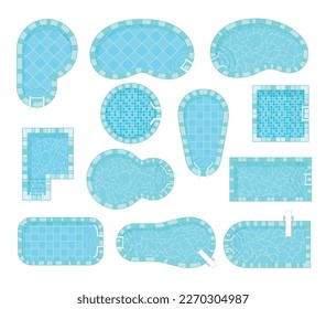 Swimming pool top view square rectangle oval circle curved shape blue aqua reflection set vector flat illustration. Poolside resort relax hotel spa water with mosaic bottom sunbathing bathing outdoor