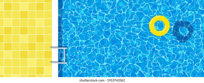 swimming pool top view summer vacation horizontal background. inflatable  ring yellow tiles water surface vector illustration