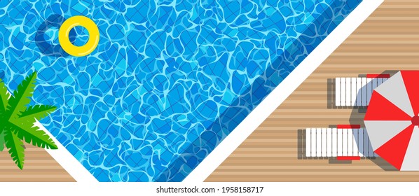 Swimming Pool Top View Summer Vacation  Water Ring Umbrella Lounger Palm Tree Horizontal Banner Vector Illustration