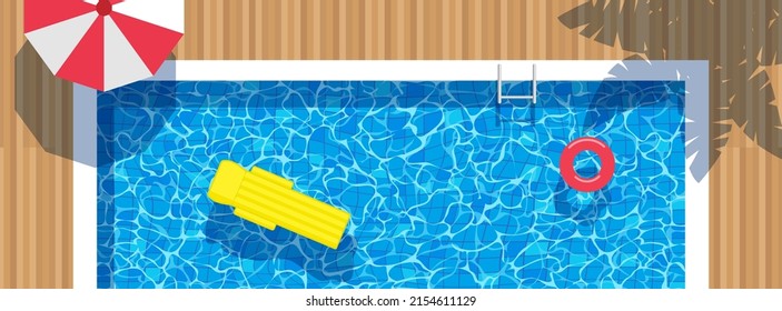 swimming pool top view summer vacation  mattress inflatable ring umbrella horizontal banner vector illustration