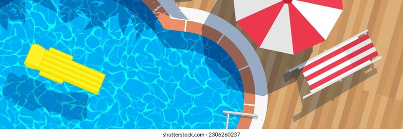 swimming pool top view summer vacation  inflatable mattress  umbrella lounger horizontal banner vector illustration