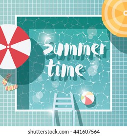 Swimming pool, top view, summer time holiday vacation, clear water with parasols, vector illustration