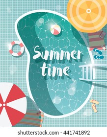 Swimming pool, top view, summer time holiday vacation, clear water with parasols, vector illustration