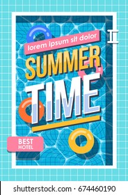 Swimming pool, top view, summer time holiday vacation, clear water with parasols, vector illustration for web and print.