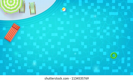 Swimming pool top view. Sunbed, umbrella, ring, beach ball floating in water. Summer concert for travel events. Waves flowing with ripple, flat lay. Vector background for cover, poster, banner.
