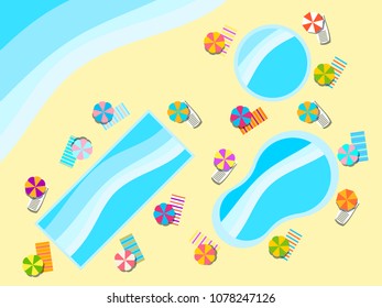 Swimming pool, top view. Sunbeds and umbrellas from the sun, rest at the pool. Vector illustration