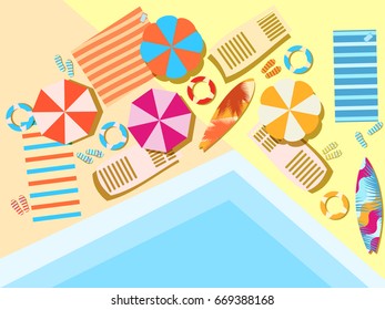 Swimming pool, top view. Sunbeds and umbrellas from the sun, rest at the pool. Vector illustration