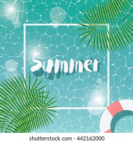 Swimming pool, top view, typographic hello summer message, summer time holiday vacation, vector illustration