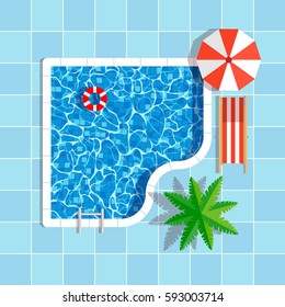 swimming pool top view with umbrella palm tree and lounger