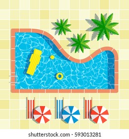 swimming pool top view with umbrellas palm trees and loungers