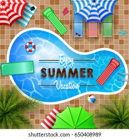 Swimming pool top view with umbrellas, palm trees, loungers, air mattress