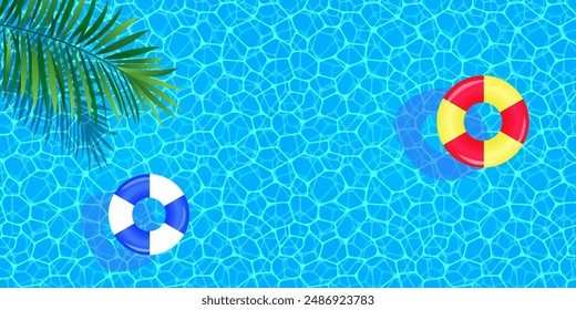 Swimming pool top view vector illustration. Summer background with swim rings, float, water texture and tropical palms leaves. travel and vacation banner for spa, aqua centers designs and wallpapers.