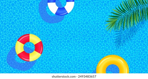 Swimming pool top view vector illustration. Summer background with swim rings, float, water texture and tropical palms leaves. travel and vacation backdrop for spa, aqua centers designs and wallpapers