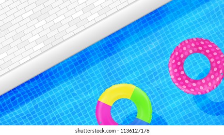 Swimming pool top view. Water background. Swim rings. Trendy. Inflatable rubber toy. Realistic summertime illustration. Summer vacation. Trip. Resort. Hotel. Top view swimming circles.