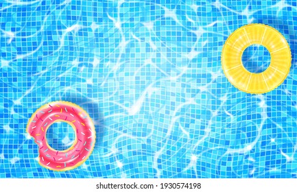 Swimming pool with two floating rings, caustic ripple and sunlight glare effect. Aquatic surface with waves background. Realistic vector illustration of underwater bottom texture, top view