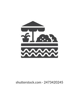 Swimming pool with umbrella and plants vector icon. filled flat sign for mobile concept and web design. Poolside Plants glyph icon. Symbol, logo illustration. Vector graphics