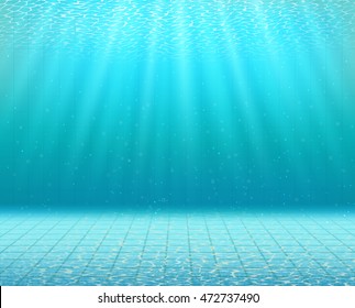 Swimming pool under water background with rays of light. Blue mosaic tiles. Vector Illustration.