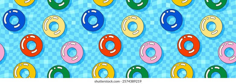 Swimming pool upper view background. Colorful pool floats, water surface and mosaic tile seamless pattern. Inflatable rubber rings floating in clear water.  Summer beach holiday party banner bg