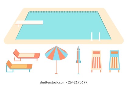 Swimming pool with vacation accessories illustration set. Large rectangular pool with diving board, colorful poolside furniture, lounge chairs, open and closed sun umbrella, striped retro deck chairs