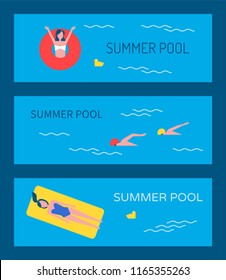 Swimming pool vector banner with people bathing. Young ladies in swimsuits floating on lifebuoy and air mattress, men training to swim sport styles