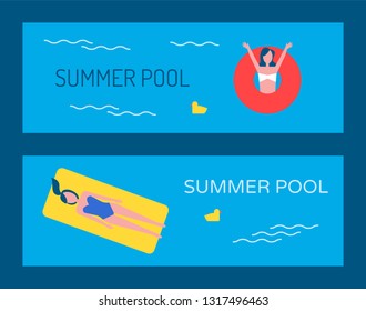 Swimming pool vector banner with people bathing. Young ladies in swimsuits floating on lifebuoy and air mattress on wavy water with small yellow duck