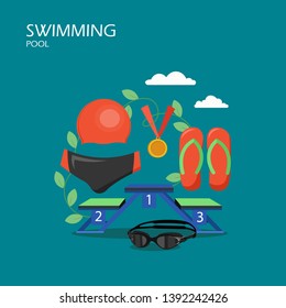 Swimming pool vector flat illustration. Men swimwear, swim cap, flip flops, goggles, medal for swimming competition winner. Swim gear and accessories for web banner, website page etc.