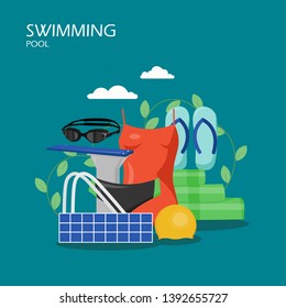 Swimming pool vector flat illustration. Women and men swimwear, swim cap, flip flops, diving board, goggles etc. Swim equipment and accessories for web banner, website page etc.