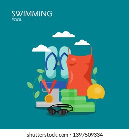 Swimming pool vector flat illustration. Women swimwear, swim cap, flip flops, goggles, medal for swimming competition winner. Swim gear and accessories for web banner, website page etc.