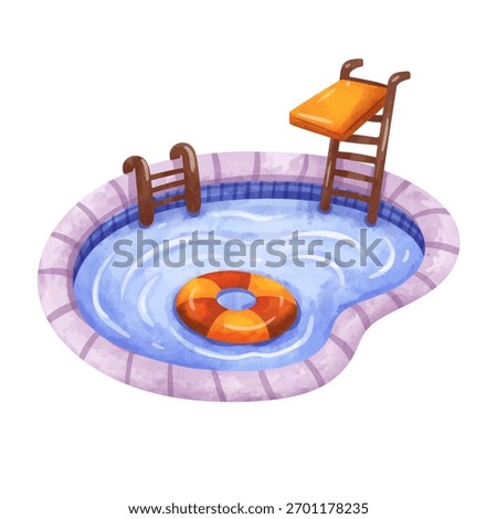 Swimming pool vector illustration, hand drawn watercolor painting style, pool clip art, clip art pool, swimming pool clip art, isolated on white background