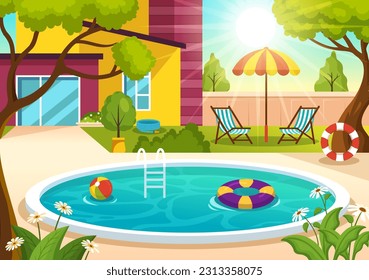 Ilustración de vectores de piscina con concepto de paisaje de vacaciones de verano y actividad de verano nadar en caricaturas planas plantillas de fondo dibujadas a mano
