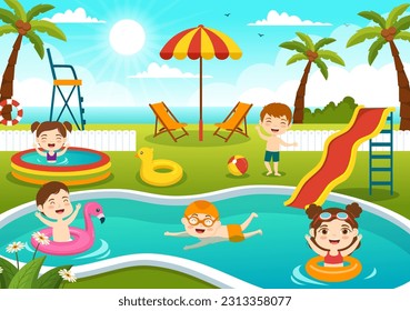 Swimming Pool Vector Illustration with Summer Vacation Landscape Concept and Kids Swim Summer Activity in Cartoon Hand Drawn Background Templates