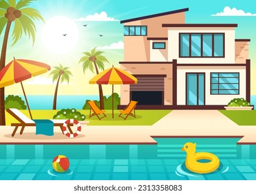 Schwimmbad Vektorgrafik mit Landschaftskonzept für Sommerurlaub und Sommeraktivität in flachen Cartoon handgezeichneten Hintergrundvorlagen
