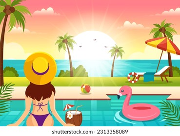 Swimming Pool Vector Illustration with Summer Vacation Landscape Concept and Swim Summer Activity in Flat Cartoon Hand Drawn Background Templates
