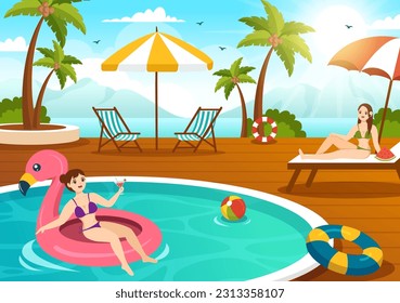 Ilustración de vectores de piscina con concepto de paisaje de vacaciones de verano y actividad de verano nadar en caricaturas planas plantillas de fondo dibujadas a mano
