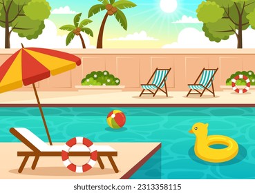 Ilustración de vectores de piscina con concepto de paisaje de vacaciones de verano y actividad de verano nadar en caricaturas planas plantillas de fondo dibujadas a mano
