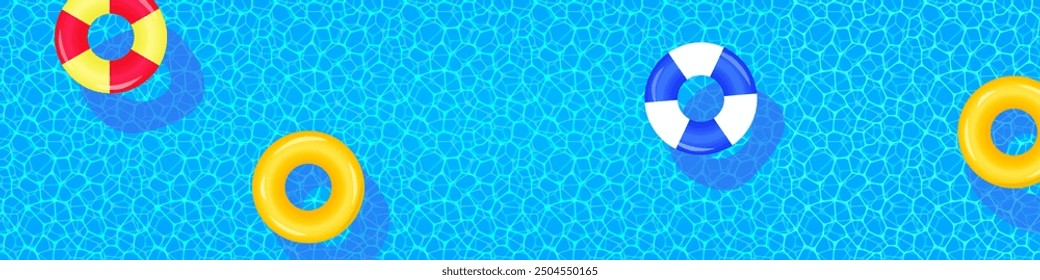 Swimming pool vector illustration. Summer time banner with swim rings, float, water reflection texture. Holidays, travel and vacation background for aqua center design and advertising. Cute backdrop