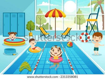 Swimming Pool Vector Illustration with Summer Vacation Landscape Concept and Kids Swim Summer Activity in Cartoon Hand Drawn Background Templates